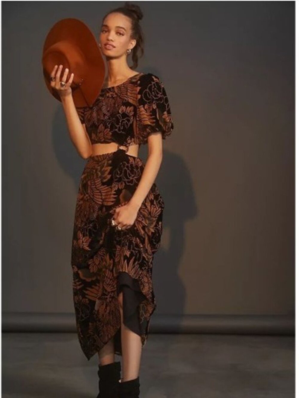 Anthropologie x Let Me Be Brown & Black Velvet Burnout Cutout Maxi Dress XS NEW!